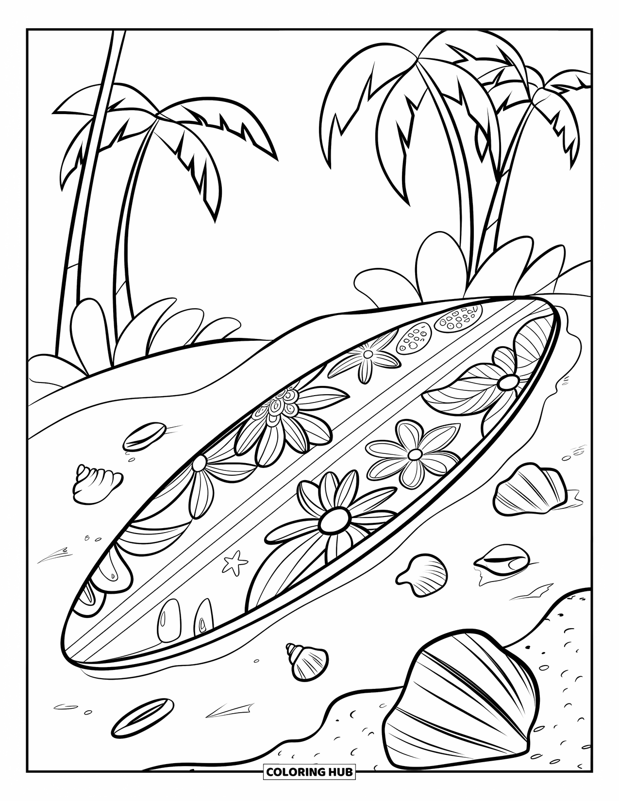Surfboard Coloring Page for Kids: A surfboard with tropical flower patterns on sand among seashells