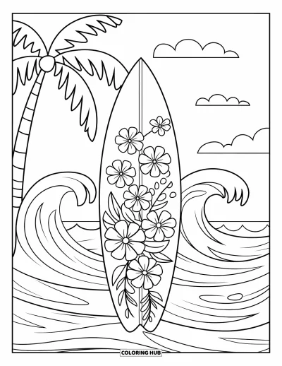 Desenho de prancha de surf para colorir para crianças: Uma prancha de surf com flores tropicais em frente às ondas do oceano
