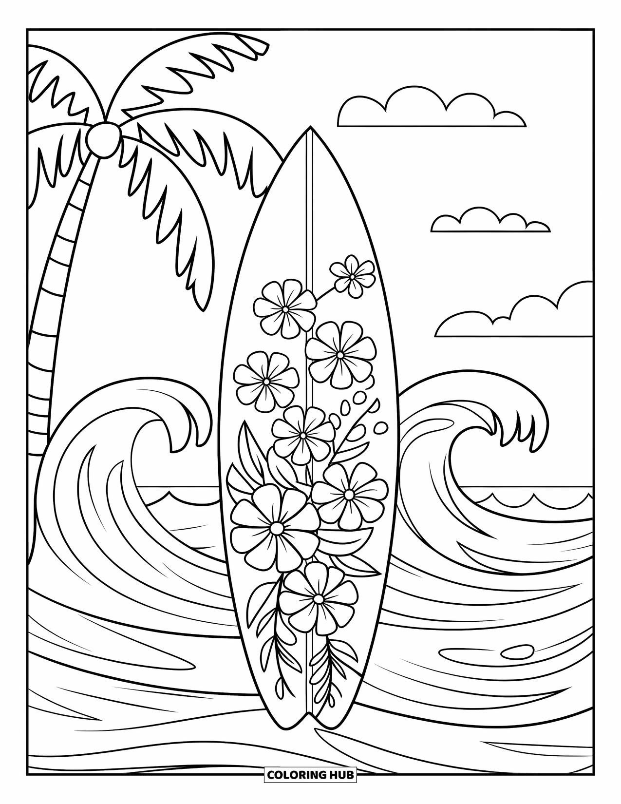 Surfboard Coloring Page for Kids: A surfboard with tropical flowers in front of ocean waves