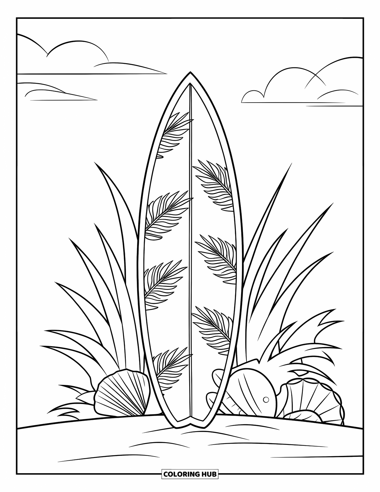 Surfboard Coloring Page for Kids: A surfboard with tropical leaves surrounded by beach grass and shells