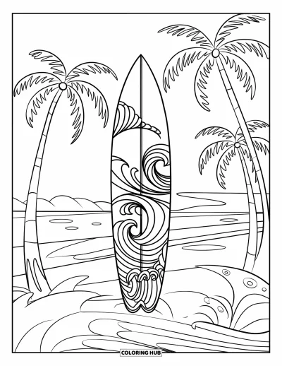 Desenho de prancha de surf para colorir para crianças: Uma prancha de surf com padrões de ondas deitada em uma praia com palmeiras