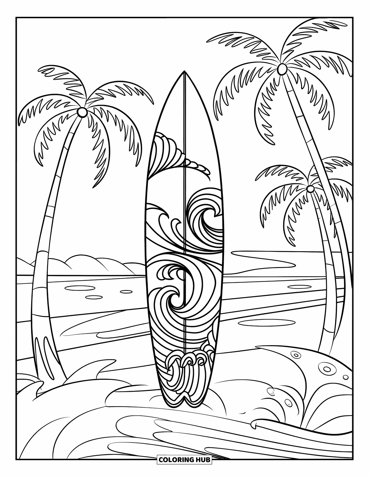 Surfboard Coloring Page for Kids: A surfboard with wave patterns lying on a beach with palm trees