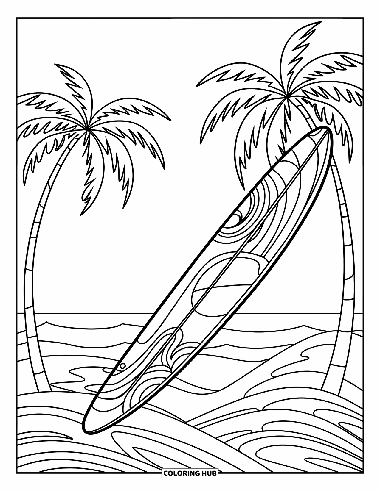 Surfboard Coloring Page for Kids: A surfboard with wave patterns on a beach scene with palm trees