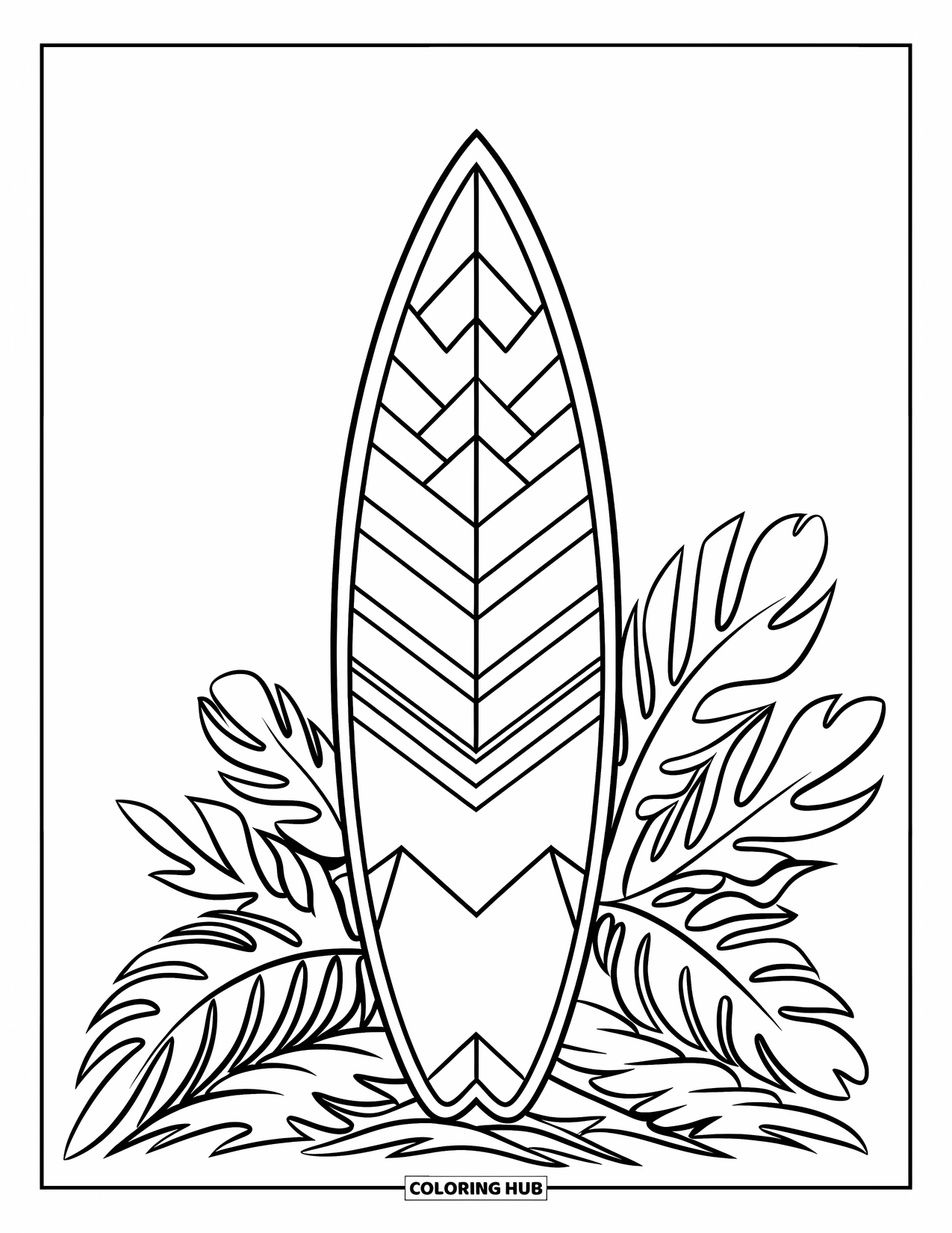Surfboard Coloring Page for Kids: A surfboard with zig-zag patterns propped up by tropical foliage