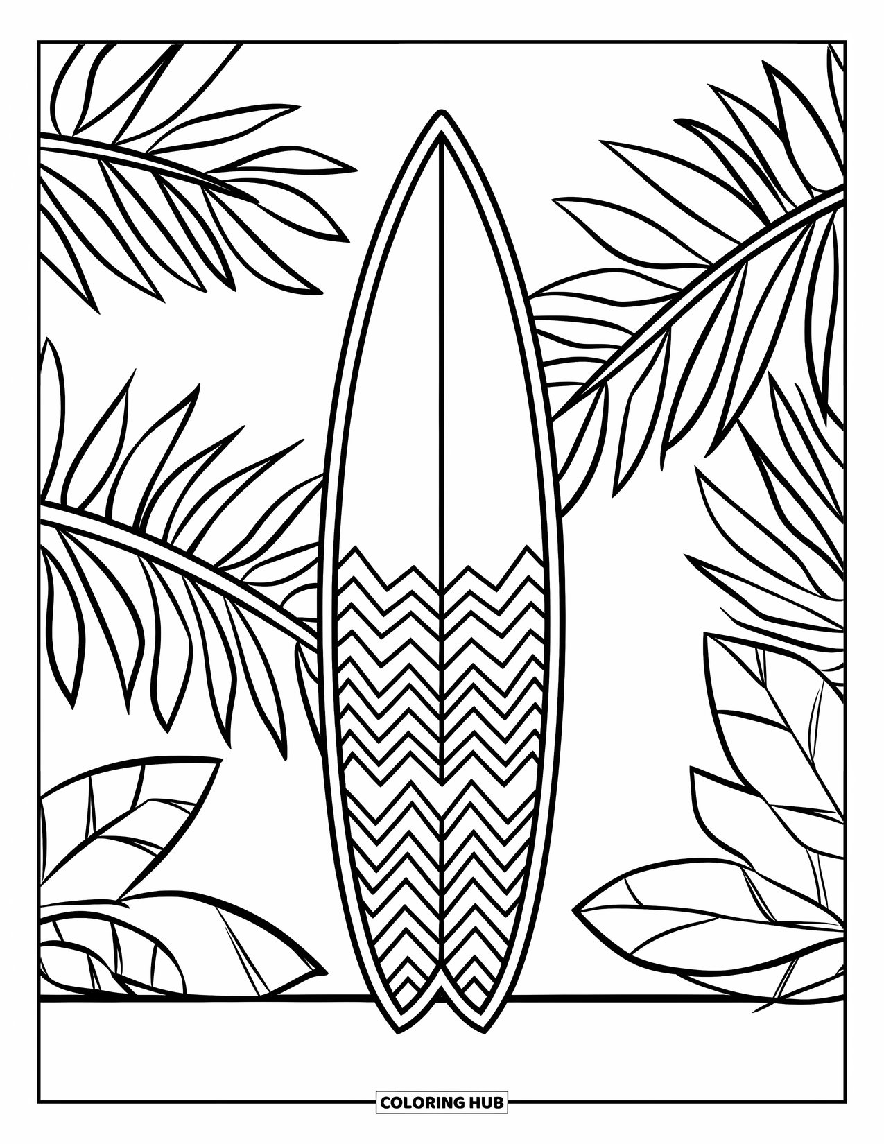 Surfboard Coloring Page for Kids: A surfboard with zig-zag patterns resting among tropical plants and coconuts