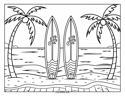 Desenho de prancha de surf para colorir para crianças: Duas pranchas de surf em uma praia com padrões de ondas e palmeiras por perto