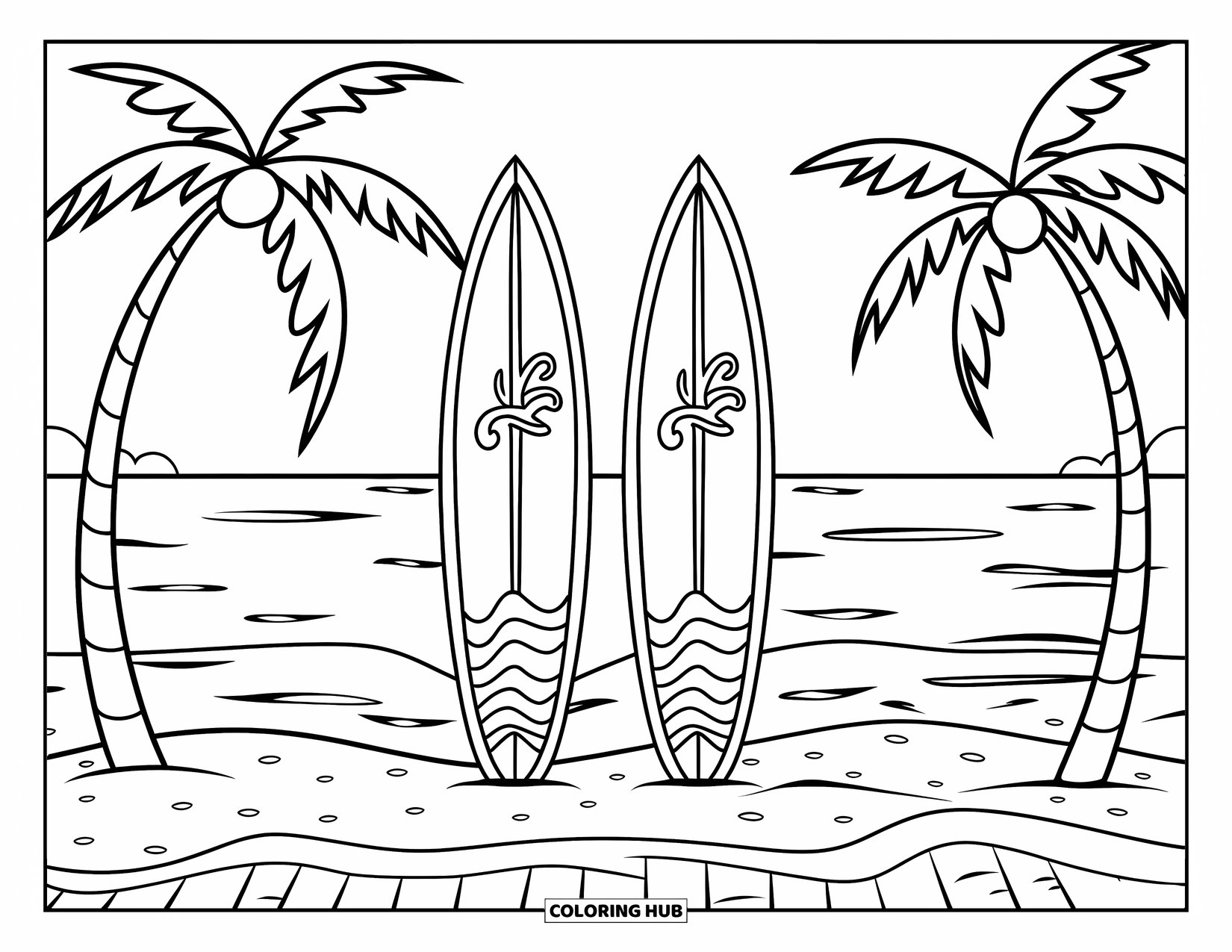 Surfboard Coloring Page for Kids: Two surfboards on a beach with wave patterns and palm trees nearby