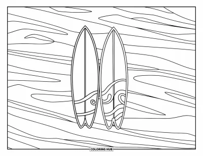 Desenho de prancha de surf para colorir para crianças: Duas pranchas de surf lado a lado em uma praia com designs de ondas simples