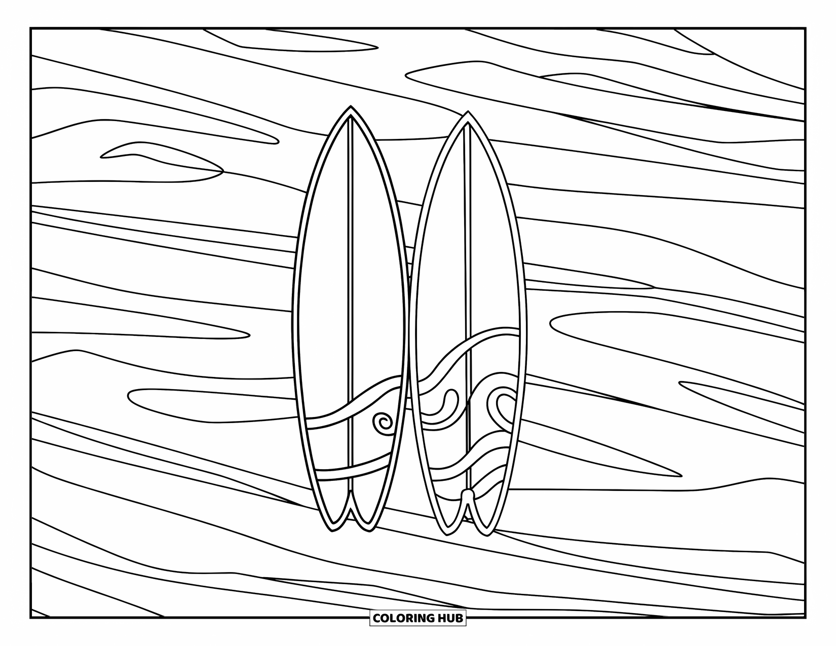 Surfboard Coloring Page for Kids: Two surfboards side-by-side on a beach with simple wave designs
