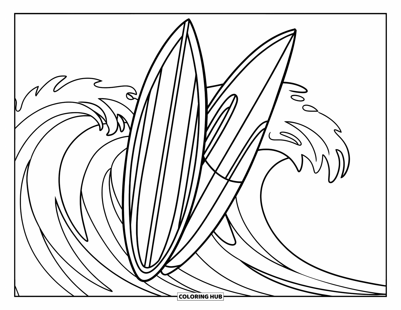 Surfboard Coloring Page for Kids: Two surfboards side-by-side with simple wave patterns on a sandy beach