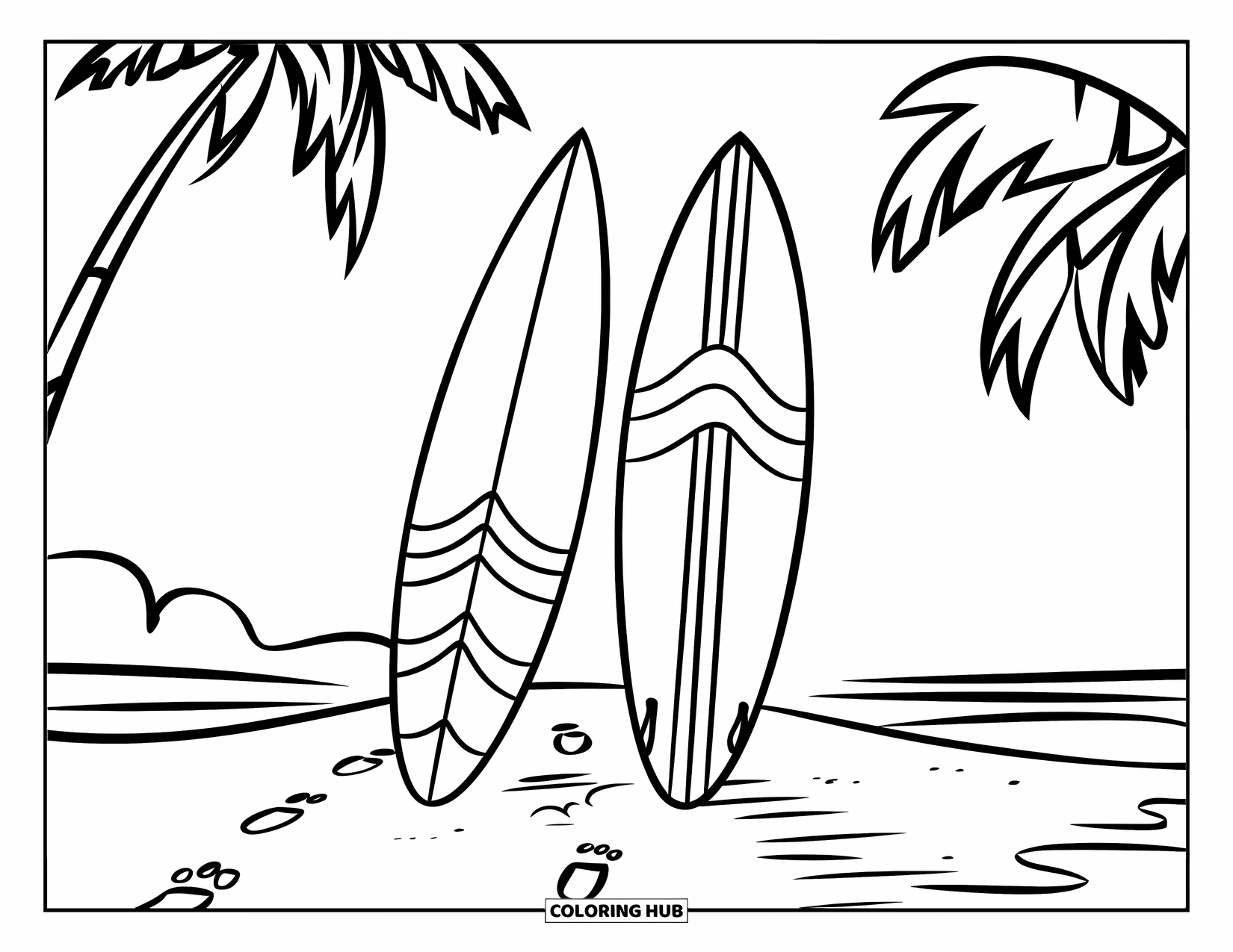 Surfboard Coloring Page for Kids: Two surfboards together with wave patterns on a beach