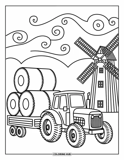 Coloriage Tracteur pour adultes : Un tracteur joyeux transporte des balles de foin près d’un moulin à vent rustique avec des nuages tourbillonnants au-dessus