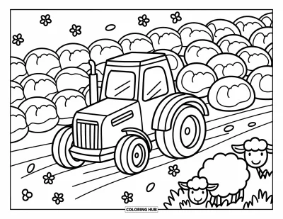 Coloriage Tracteur pour adultes : Un tracteur joyeux laboure près de rangées de choux avec des moutons enjoués de l’autre côté