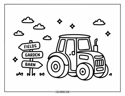 Coloriage Tracteur pour adultes : Un tracteur joyeux repose près d’un panneau de ferme mignon avec des nuages gonflés et des étoiles au-dessus