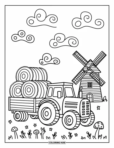 Coloriage Tracteur pour adultes : Un tracteur joyeux avec des balles de foin est assis près d’un moulin à vent et de nuages tourbillonnants