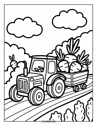Coloriage Tracteur pour adultes : Un tracteur potelé tire une charrette pleine de carottes et de radis géants sur un chemin sinueux