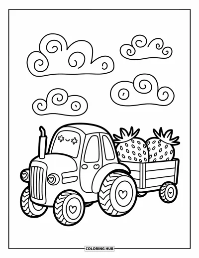Coloriage Tracteur pour adultes : Un tracteur potelé tire un wagon de fraises géantes sous des nuages tourbillonnants moelleux