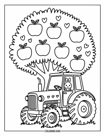 Coloriage Tracteur pour adultes : Un tracteur potelé avec des motifs de cœur repose sous un grand pommier avec un lapin curieux