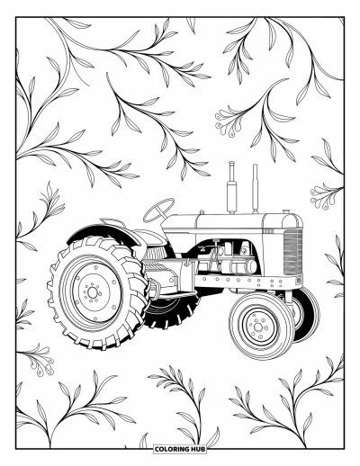 Coloriage de tracteur pour adultes : Un tracteur classique repose au milieu de décorations florales et de vignes complexes