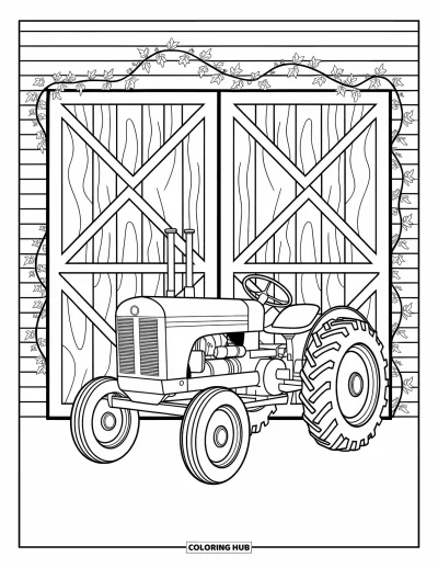 Coloriage de tracteur pour adultes : Un tracteur classique repose près d’une porte de grange avec des motifs de bois et de lierre détaillés