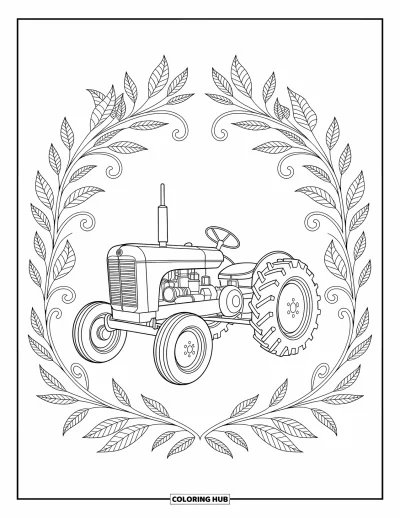 Coloriage de tracteur pour adultes : Un tracteur classique se trouve à l’intérieur d’une bordure de feuilles superposées et de branches élégantes