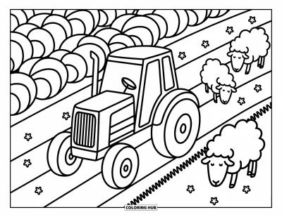 Coloriage Tracteur pour adultes : Un tracteur mignon laboure doucement avec des moutons moelleux et de gros choux autour