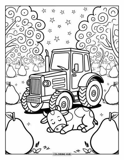 Coloriage Tracteur pour adultes : Un tracteur mignon repose dans un verger fantaisiste tandis qu’une vache chibi fait la sieste à proximité