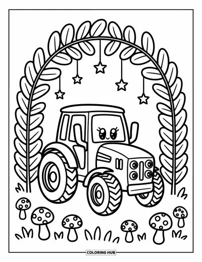 Coloriage Tracteur pour adultes : Un tracteur mignon repose sous des feuilles géantes et des étoiles suspendues avec de minuscules champignons à proximité