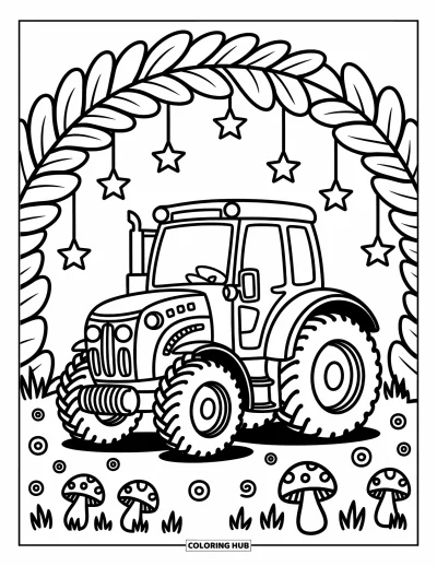 Coloriage Tracteur pour adultes : Un tracteur mignon est assis sous une arche de feuilles géantes et des étoiles suspendues avec des champignons en dessous