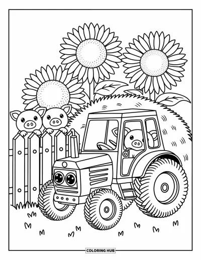 Coloriage Tracteur pour adultes : Un tracteur mignon est assis près d’une clôture avec des porcelets et des tournesols qui se balancent en arrière-plan