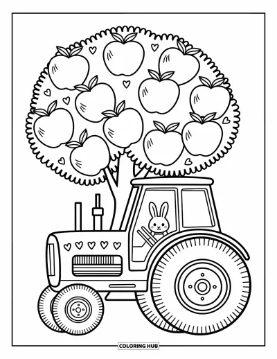 Coloriage Tracteur pour adultes : Un tracteur mignon avec des cœurs est garé sous un pommier avec un lapin enjoué