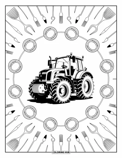Coloriage de tracteur pour adultes : Un tracteur détaillé est encadré par des motifs circulaires d’outils et de dessins agricoles