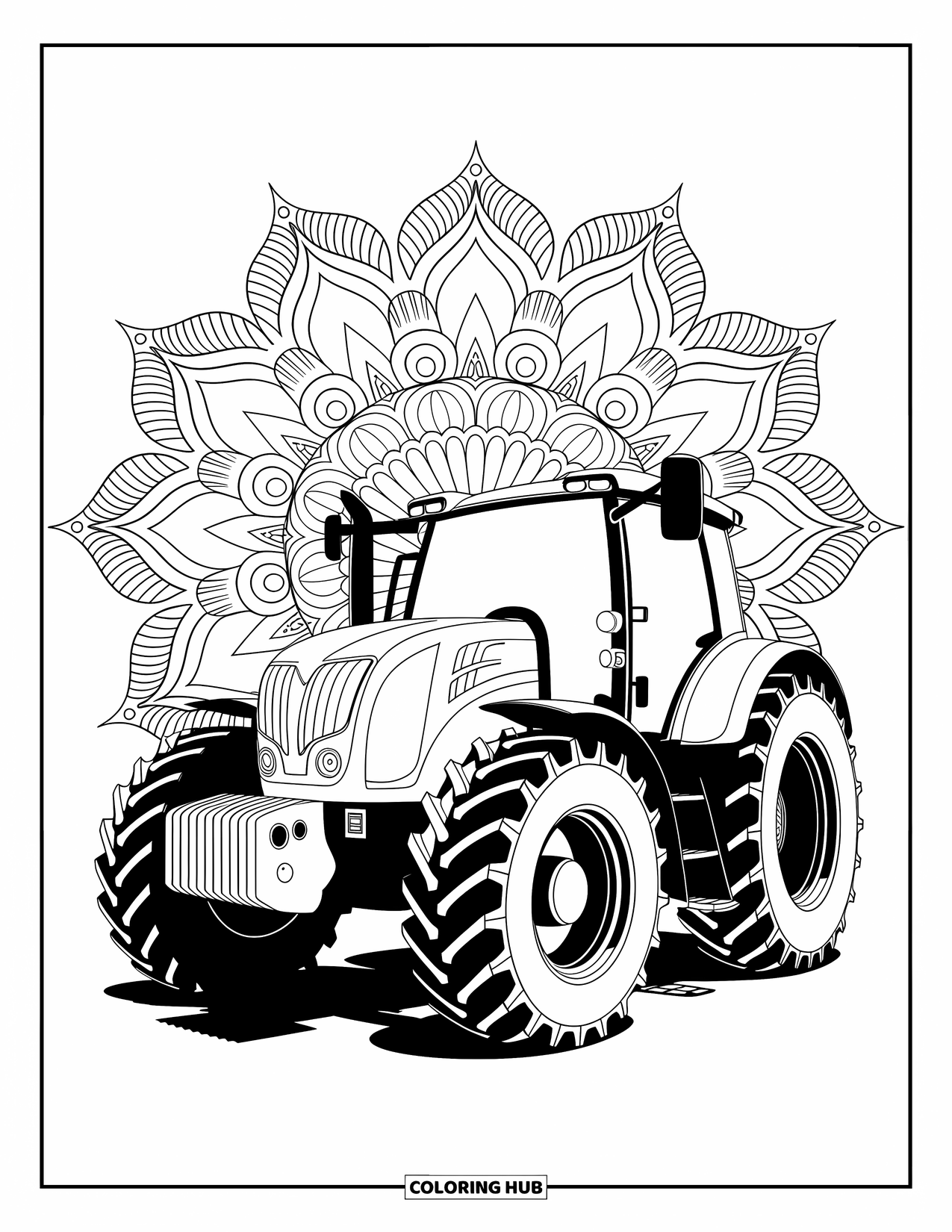 Kolorowanka z traktorem dla dorosłych: Szczegółowy traktor jest otoczony eleganckimi wzorami mandali i mechanicznymi kołami zębatymi