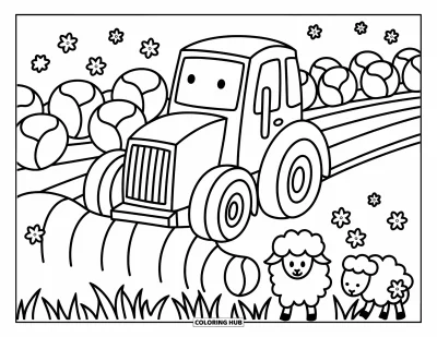 Coloriage Tracteur pour adultes : Un tracteur amical laboure un champ à côté de choux surdimensionnés et de moutons qui paissent