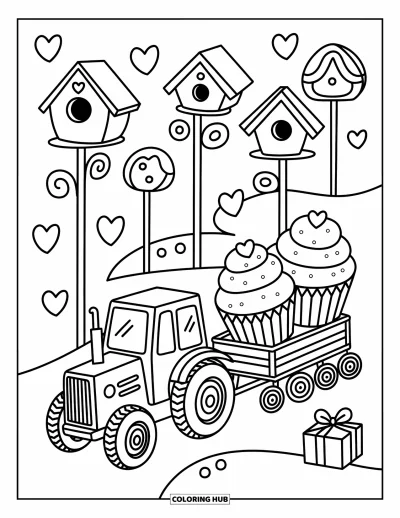 Coloriage Tracteur pour adultes : Un tracteur amical tire un traîneau rempli de cupcakes et de cadeaux, entouré de nichoirs