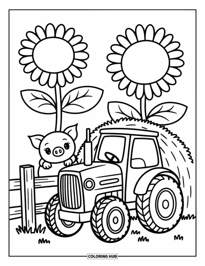 Coloriage Tracteur pour adultes : Un tracteur amical repose près d’une meule de foin avec des porcelets enjoués et des tournesols géants à proximité