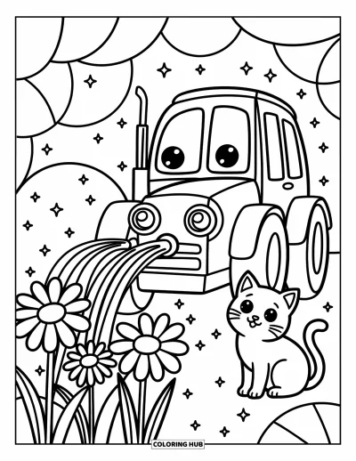 Coloriage Tracteur pour adultes : Un tracteur amical arrose des marguerites tandis qu’un chat moelleux est assis avec des étincelles autour