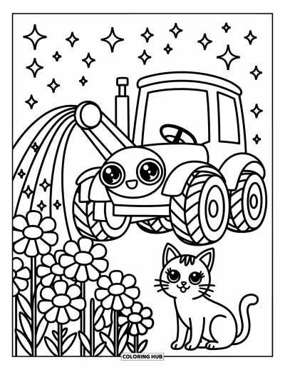 Coloriage Tracteur pour adultes : Un tracteur amical arrose des marguerites tandis qu’un chat enjoué regarde avec des étincelles autour