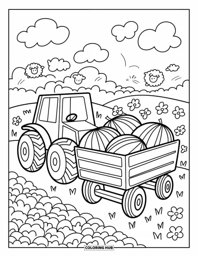 Coloriage Tracteur pour adultes : Un tracteur amical avec des melons est assis près de moutons rebondissants et de nuages bouclés
