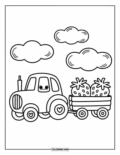 Coloriage Tracteur pour adultes : Un tracteur joyeux tire un wagon de fraises avec des nuages moelleux flottant au-dessus