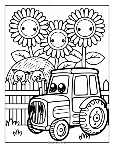 Coloriage Tracteur pour adultes : Un tracteur joyeux est assis près d’une clôture avec des porcelets qui regardent et des tournesols derrière