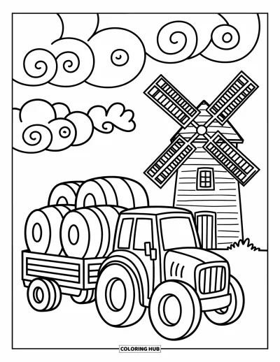 Coloriage Tracteur pour adultes : Un tracteur joyeux avec des balles de foin est assis près d’un moulin à vent sous des nuages tourbillonnants