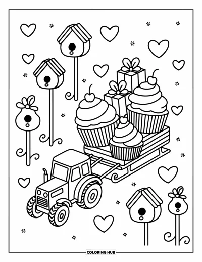 Coloriage Tracteur pour adultes : Un tracteur kawaii tire un traîneau rempli de cupcakes, de cadeaux, de cœurs et de nichoirs