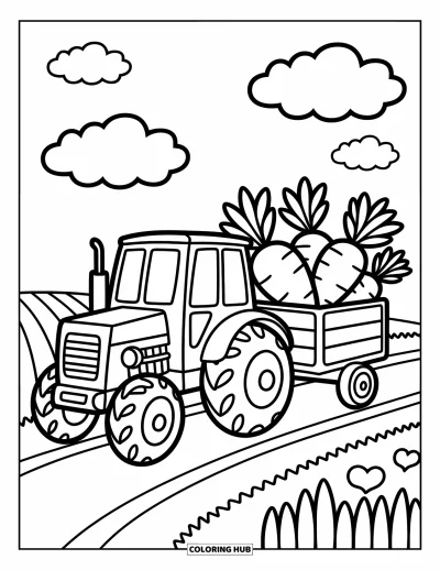 Coloriage Tracteur pour adultes : Un tracteur kawaii tire une petite charrette remplie de carottes et de radis géants