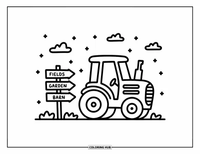 Coloriage Tracteur pour adultes : Un tracteur kawaii se tient près d’un panneau de ferme avec des nuages enjoués et des étoiles dans le ciel