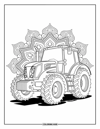 Coloriage de tracteur pour adultes : Un tracteur moderne se dresse fièrement avec des engrenages imbriqués et des motifs de mandala ornés
