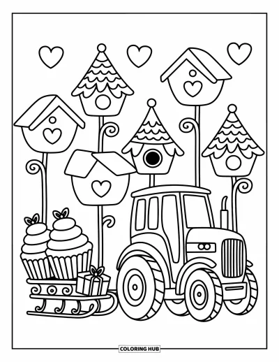Coloriage Tracteur pour adultes : Un tracteur enjoué tire un traîneau de cupcakes géants entouré de cœurs et de nichoirs