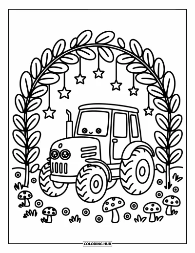 Coloriage Tracteur pour adultes : Un tracteur enjoué repose sous une arche feuillue avec des étoiles suspendues et de minuscules champignons autour