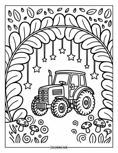 Coloriage Tracteur pour adultes : Un tracteur enjoué est assis sous des arches feuillues et des étoiles suspendues avec des champignons sur le sol