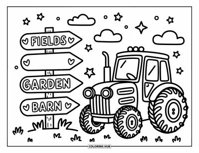 Coloriage Tracteur pour adultes : Un tracteur enjoué est assis près d’un panneau de ferme indiquant les champs, le jardin et la grange